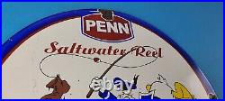 Vintage Penn Fishing Reels Porcelain Sign Saltwater Gear Gas Pump Plate Sign