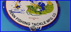 Vintage Penn Fishing Reels Porcelain Sign Saltwater Gear Gas Pump Plate Sign