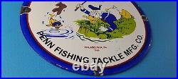 Vintage Penn Fishing Reels Porcelain Sign Saltwater Gear Gas Pump Plate Sign