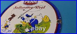 Vintage Penn Fishing Reels Porcelain Sign Saltwater Gear Gas Pump Plate Sign