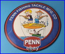 Vintage Penn Fishing Reels Porcelain Tackle Rods Equipment Gas Pump Plate Sign