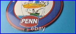 Vintage Penn Fishing Reels Porcelain Tackle Rods Equipment Gas Pump Plate Sign