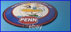 Vintage Penn Fishing Reels Porcelain Tackle Rods Equipment Gas Pump Plate Sign