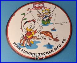 Vintage Penn Fishing Reels Porcelain Tackle Rods Salt Water Gear Gas Pump Sign