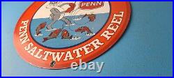 Vintage Penn Fishing Sign Reels Porcelain Tackle Gas Pump Plate Sign