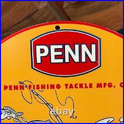 Vintage Penn Fishing Tackle Porcelain Gas Oil Popeyes Bait Boat Lure Reel Sign