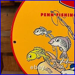 Vintage Penn Fishing Tackle Porcelain Gas Oil Popeyes Bait Boat Lure Reel Sign