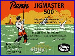 Vintage Penn Jigmaster #500 Fishing Reel Box Label Recreated on Satin Canvas