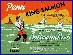 Vintage Penn King Salmon #49 Fishing Reel Box Label Recreated on Satin Canvas
