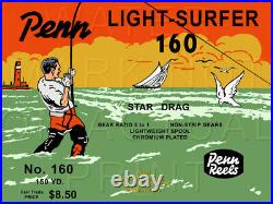 Vintage Penn Light Surfer #160 Fishing Reel Box Label Recreated on Satin Canvas