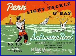 Vintage Penn Light Tackle #180 Fishing Reel Box Label Recreated on Satin Canvas