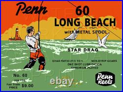 Vintage Penn Long Beach #60 Fishing Reel Box Label Recreated on Satin Canvas