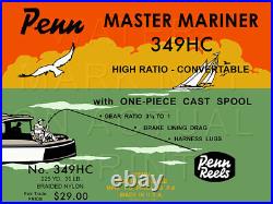Vintage Penn Master Mariner #349HC Fish Reel Box Label Recreated on Satin Canvas