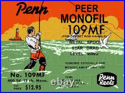 Vintage Penn Monofil #109MF Fishing Reel Box Label Recreated on Satin Canvas