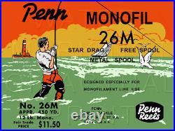 Vintage Penn Monofil #26M Fishing Reel Box Label Recreated on Satin Canvas