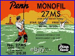 Vintage Penn Monofil #27MS Fishing Reel Box Label Recreated on Satin Canvas