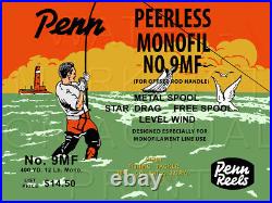 Vintage Penn Monofil #9MF Fishing Reel Box Label Recreated on Satin Canvas
