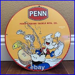 Vintage Penn Porcelain Fishing Bait Reel Rod Hook Gasoline Enamel Metal Sign