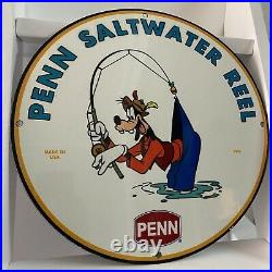 Vintage Penn Porcelain Sign Gas Oil Goofy Fishing Saltwater Reel 1957 Pump Plate