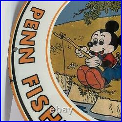 Vintage Penn Porcelain Sign Gas Oil Mickey Mouse Fishing Rod Reel Pump Plate