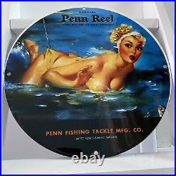 Vintage Penn Porcelain Sign Gas Oil Reel Fishing Gear Hook Lures Pump Plate