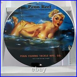 Vintage Penn Porcelain Sign Gas Oil Reel Fishing Gear Hook Lures Pump Plate