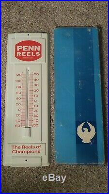 Vintage Penn Reels Fishing Tin Wall Thermometer with Original Box NOS