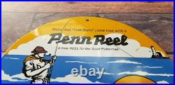 Vintage Penn Reels Porcelain Fish Stories Tackle Service Gas Pump Lures Sign