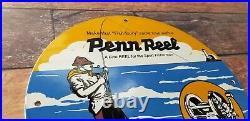 Vintage Penn Reels Porcelain Fish Stories Tackle Service Gas Pump Lures Sign