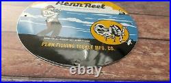 Vintage Penn Reels Porcelain Fish Stories Tackle Service Gas Pump Lures Sign