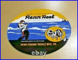 Vintage Penn Reels Porcelain Salt Water Fish Stories Tackle Lures Service Sign