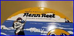 Vintage Penn Reels Porcelain Salt Water Fish Stories Tackle Lures Service Sign