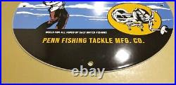 Vintage Penn Reels Porcelain Salt Water Fish Stories Tackle Lures Service Sign