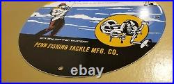 Vintage Penn Reels Porcelain Salt Water Fish Stories Tackle Lures Service Sign