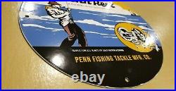 Vintage Penn Reels Porcelain Salt Water Fish Stories Tackle Lures Service Sign