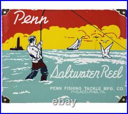 Vintage Penn Reels Porcelain Sign Fly Fishing Rod Tackle Yo Zuri Rapala Gas Oil