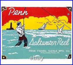 Vintage Penn Reels Porcelain Sign Fly Fishing Rod Tackle Yo Zuri Rapala Gas Oil