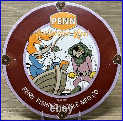 Vintage Penn Reels Porcelain Sign Fly Fishing Rod Tackle Yo Zuri Rapala Gas Oil