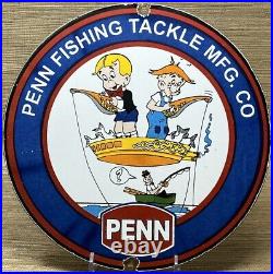 Vintage Penn Reels Porcelain Sign Fly Fishing Rod Tackle Yo Zuri Rapala Gas Oil