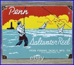 Vintage Penn Reels Porcelain Sign Fly Fishing Rod Tackle Yo Zuri Rapala Gas Oil