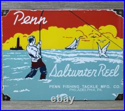 Vintage Penn Reels Porcelain Sign Fly Fishing Rod Tackle Yo Zuri Rapala Gas Oil