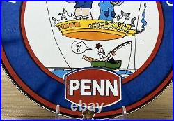 Vintage Penn Reels Porcelain Sign Fly Fishing Rod Tackle Yo Zuri Rapala Gas Oil