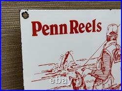 Vintage Penn Reels Porcelain Sign Fly Fishing Rod Tackle Yo Zuri Rapala Gas Oil