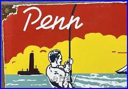 Vintage Penn Reels Porcelain Sign Fly Fishing Rod Tackle Yo Zuri Rapala Gas Oil