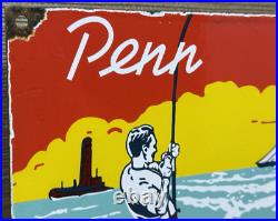 Vintage Penn Reels Porcelain Sign Fly Fishing Rod Tackle Yo Zuri Rapala Gas Oil