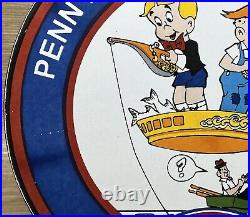 Vintage Penn Reels Porcelain Sign Fly Fishing Rod Tackle Yo Zuri Rapala Gas Oil
