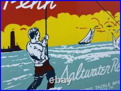 Vintage Penn Reels Porcelain Sign Fly Fishing Rod Tackle Yo Zuri Rapala Gas Oil