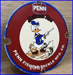 Vintage Penn Reels Porcelain Sign Fly Fishing Rod Tackle Yo Zuri Rapala Gas Oil