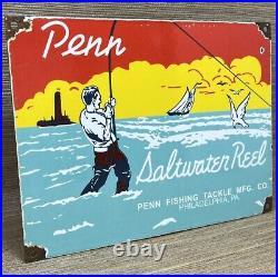 Vintage Penn Reels Porcelain Sign Fly Fishing Rod Tackle Yo Zuri Rapala Gas Oil