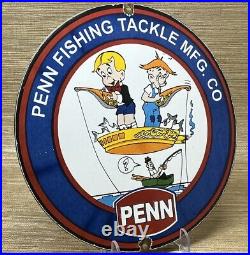 Vintage Penn Reels Porcelain Sign Fly Fishing Rod Tackle Yo Zuri Rapala Gas Oil